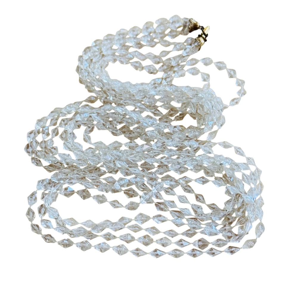 VTG Clear Faceted lucite Beads Necklace Retro Hong Kong statement Flapper Long‎